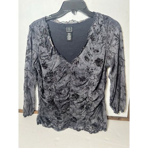 INC International Concepts black Grey Y2K long sleeve ruched blouse L Witchy.  Z - Picture 1 of 5